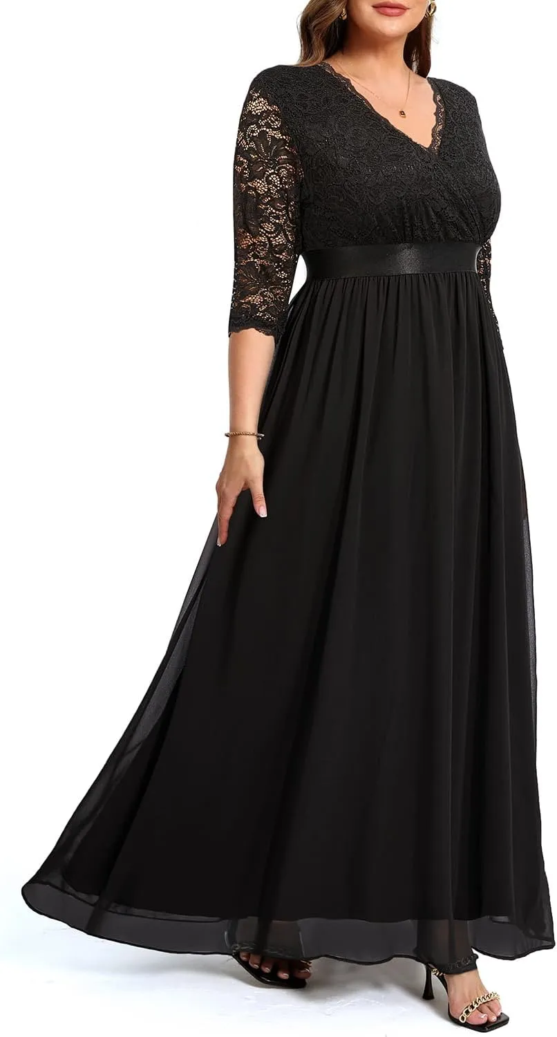 Pinup Fashion Wedding Dresses for Bride Plus Size - Formal Evening Gown Wrap Neck Lace Chiffon Long Dress