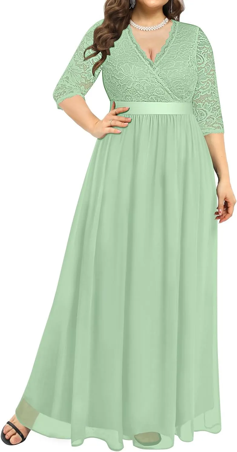 Pinup Fashion Wedding Dresses for Bride Plus Size - Formal Evening Gown Wrap Neck Lace Chiffon Long Dress