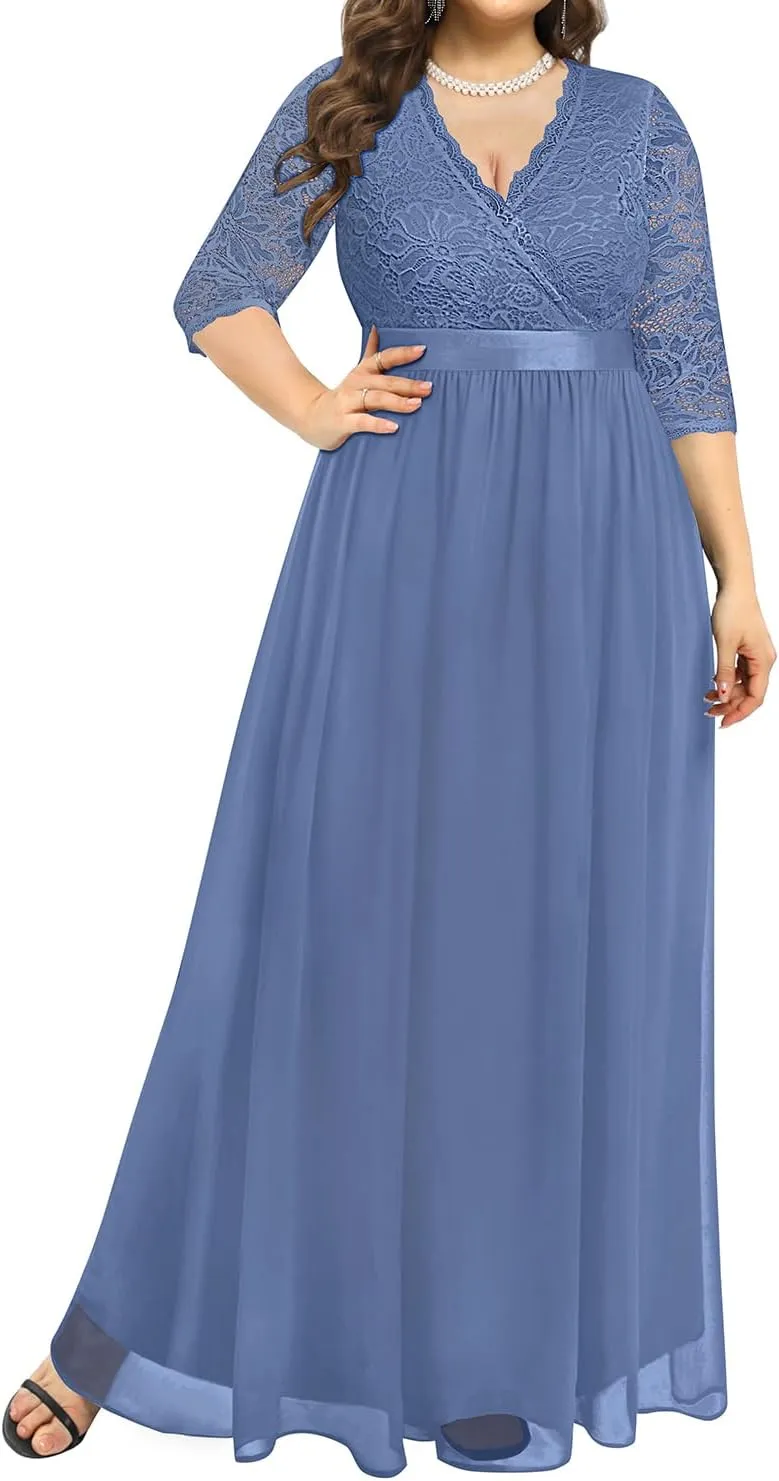 Pinup Fashion Wedding Dresses for Bride Plus Size - Formal Evening Gown Wrap Neck Lace Chiffon Long Dress