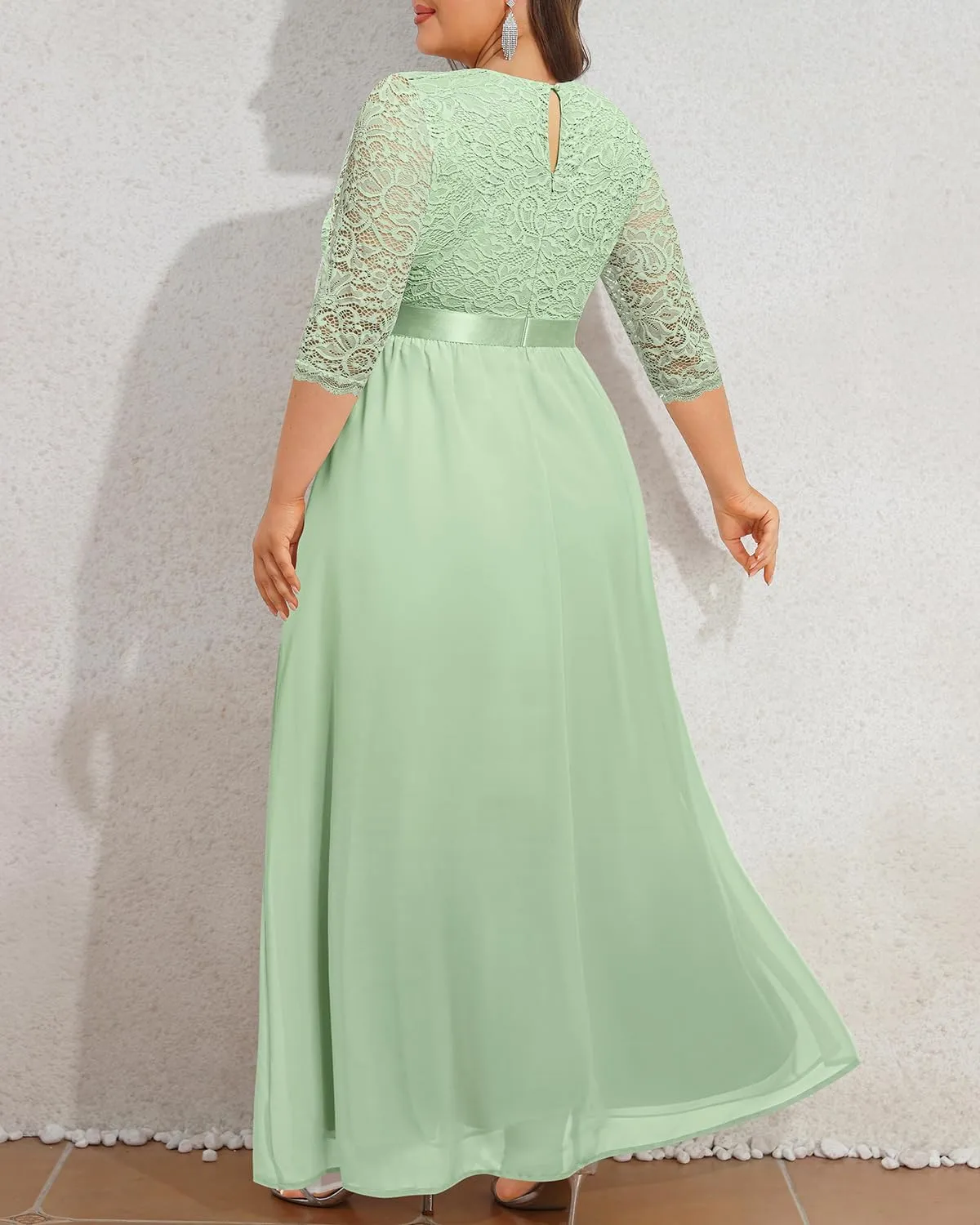 Pinup Fashion Wedding Dresses for Bride Plus Size - Formal Evening Gown Wrap Neck Lace Chiffon Long Dress