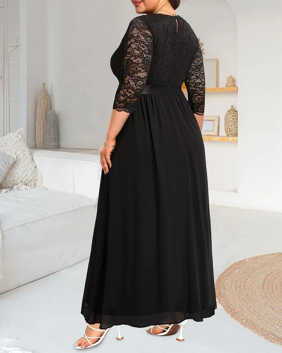 Pinup Fashion Wedding Dresses for Bride Plus Size - Formal Evening Gown Wrap Neck Lace Chiffon Long Dress