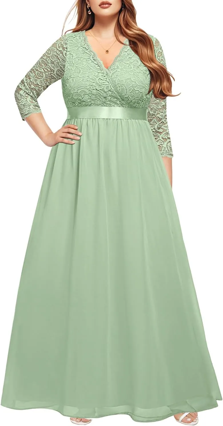 Pinup Fashion Wedding Dresses for Bride Plus Size - Formal Evening Gown Wrap Neck Lace Chiffon Long Dress