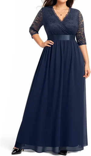 Pinup Fashion Wedding Dresses for Bride Plus Size - Formal Evening Gown Wrap Neck Lace Chiffon Long Dress