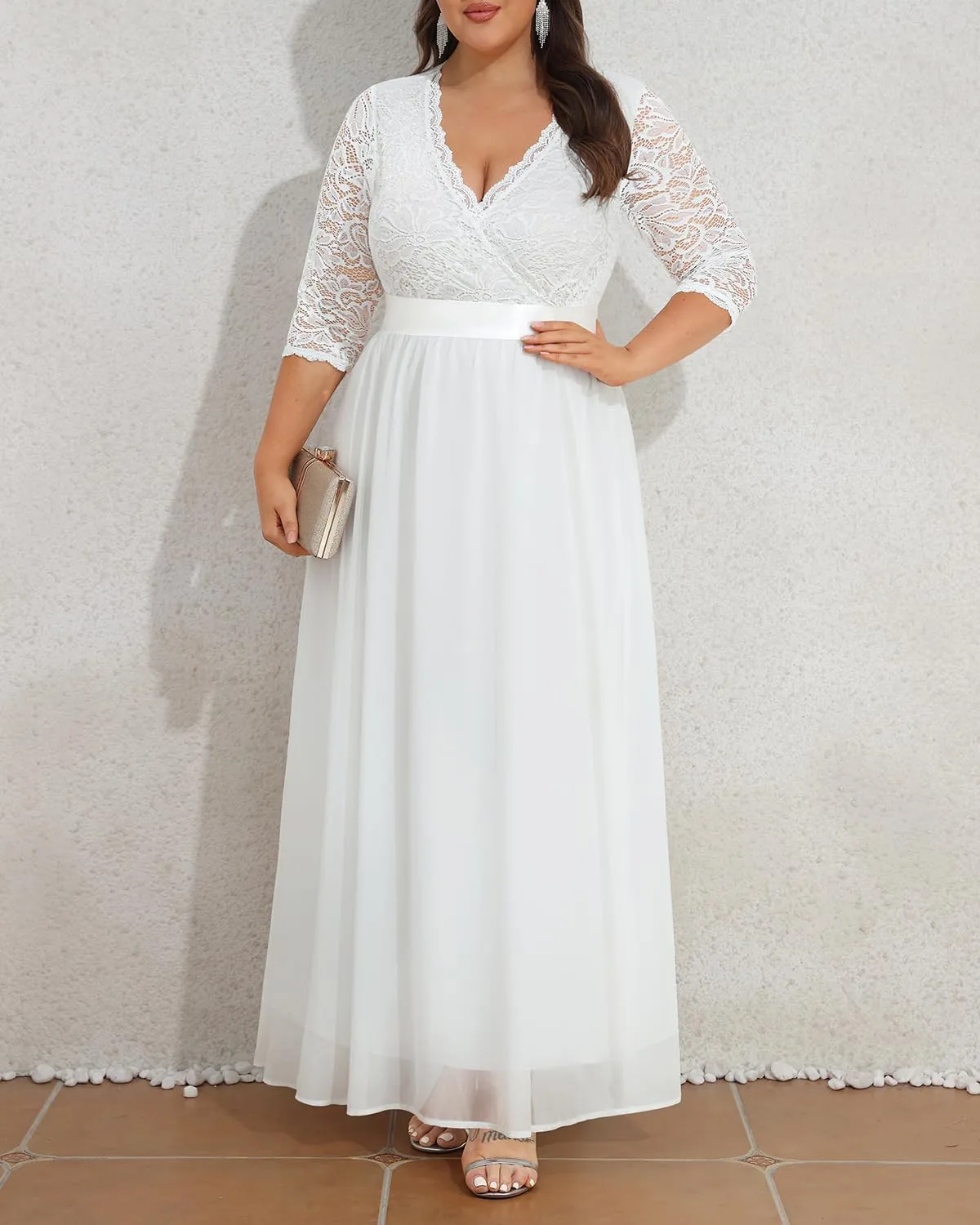 Pinup Fashion Wedding Dresses for Bride Plus Size - Formal Evening Gown Wrap Neck Lace Chiffon Long Dress