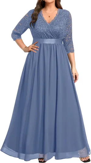 Pinup Fashion Wedding Dresses for Bride Plus Size - Formal Evening Gown Wrap Neck Lace Chiffon Long Dress