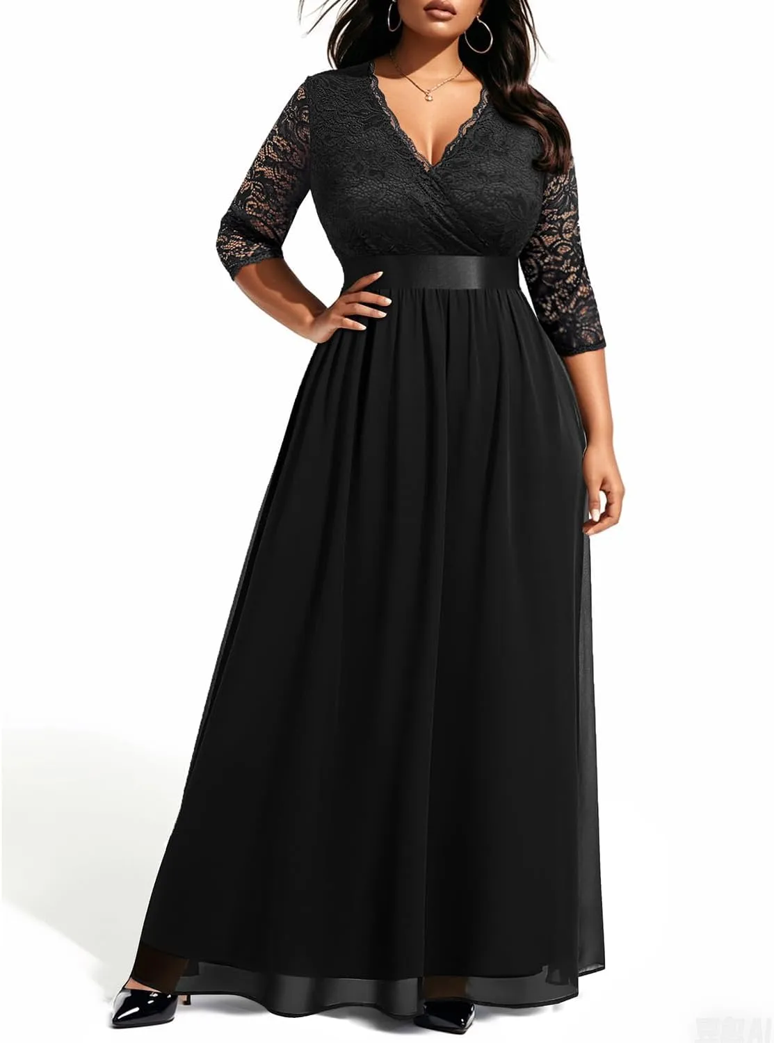 Pinup Fashion Wedding Dresses for Bride Plus Size - Formal Evening Gown Wrap Neck Lace Chiffon Long Dress