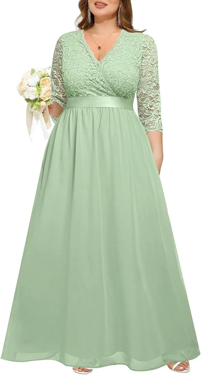Pinup Fashion Wedding Dresses for Bride Plus Size - Formal Evening Gown Wrap Neck Lace Chiffon Long Dress