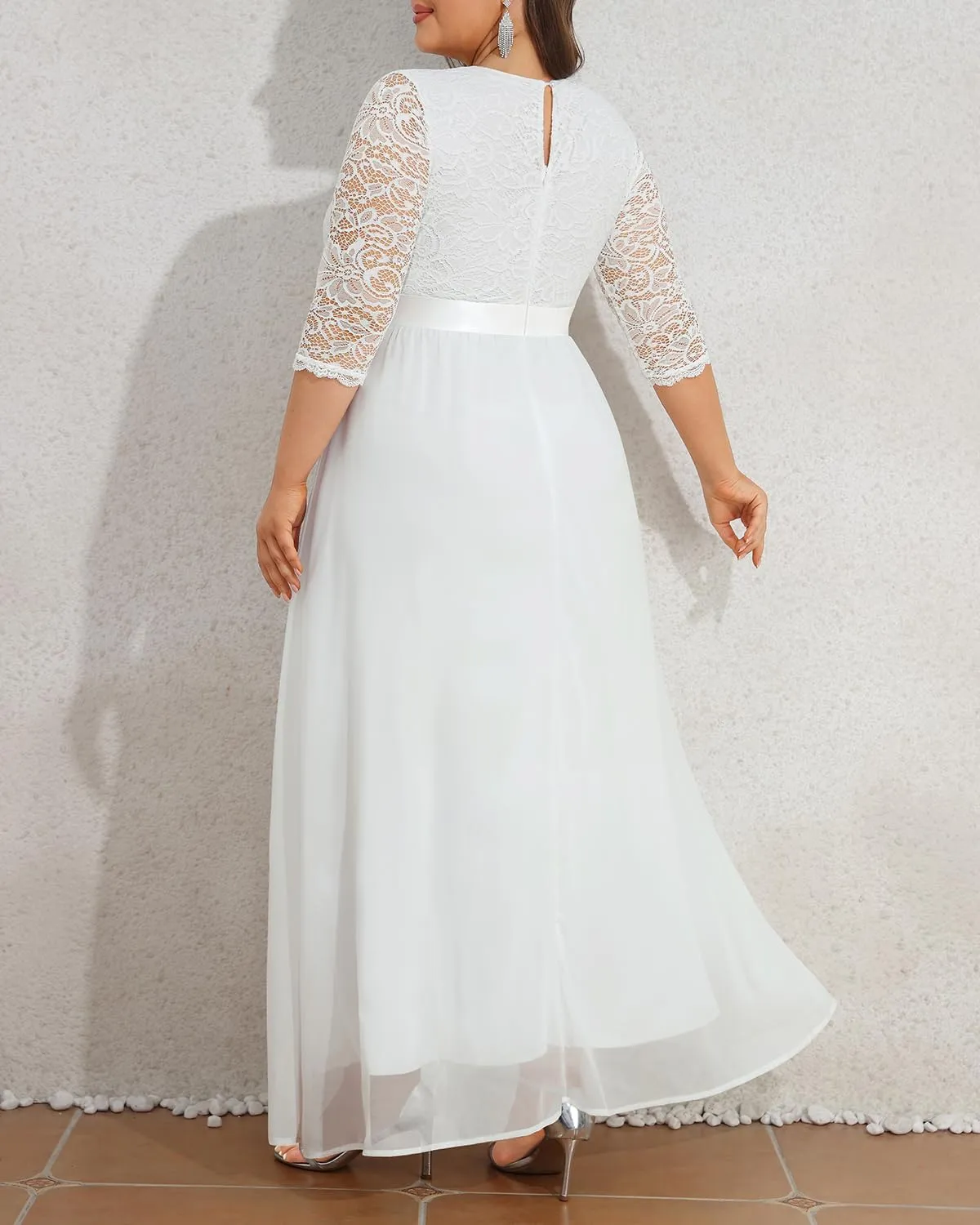 Pinup Fashion Wedding Dresses for Bride Plus Size - Formal Evening Gown Wrap Neck Lace Chiffon Long Dress