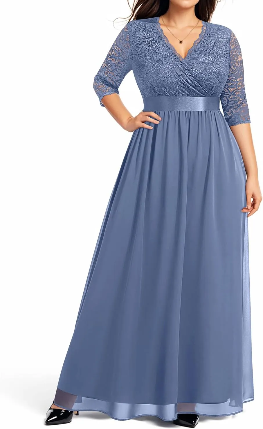 Pinup Fashion Wedding Dresses for Bride Plus Size - Formal Evening Gown Wrap Neck Lace Chiffon Long Dress