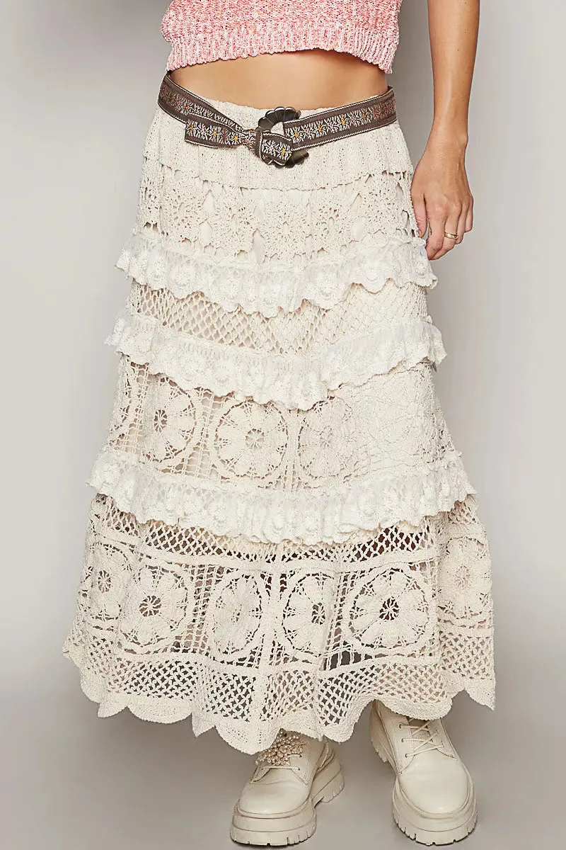 Pol Clothing Inc. Clarissa Woven Skirt  Cotton Crochet Midi with Ruffle Detail