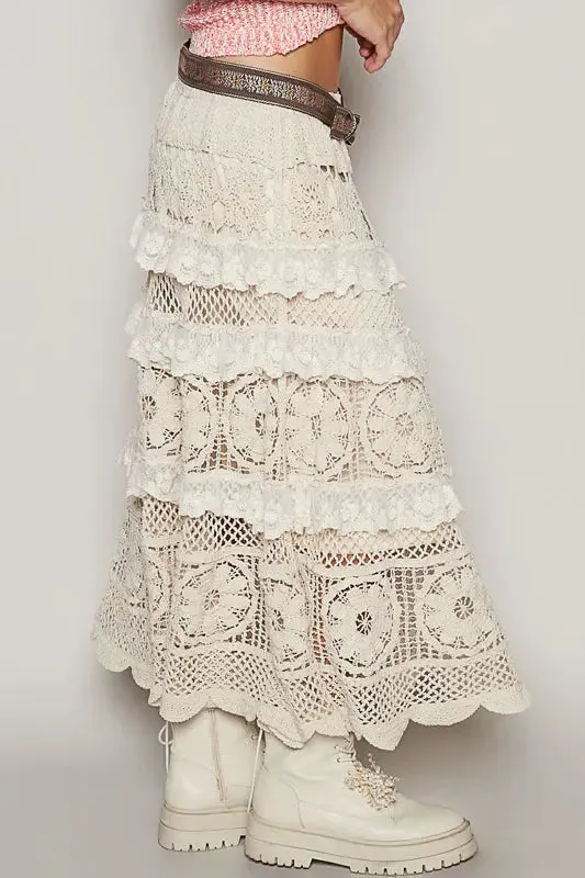 Pol Clothing Inc. Clarissa Woven Skirt  Cotton Crochet Midi with Ruffle Detail