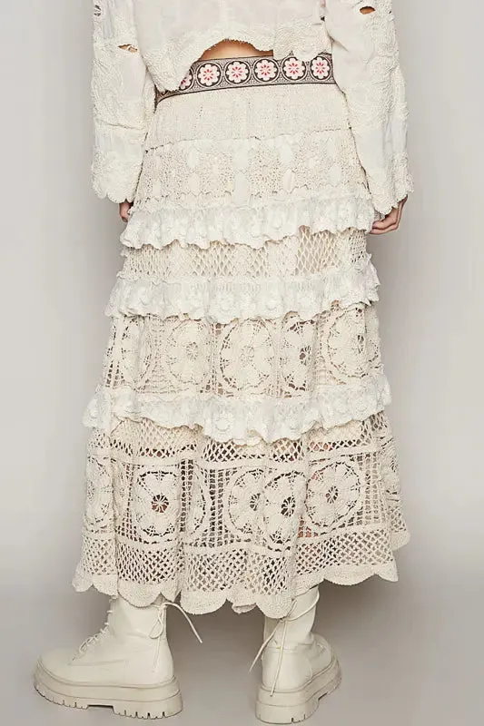 Pol Clothing Inc. Clarissa Woven Skirt  Cotton Crochet Midi with Ruffle Detail