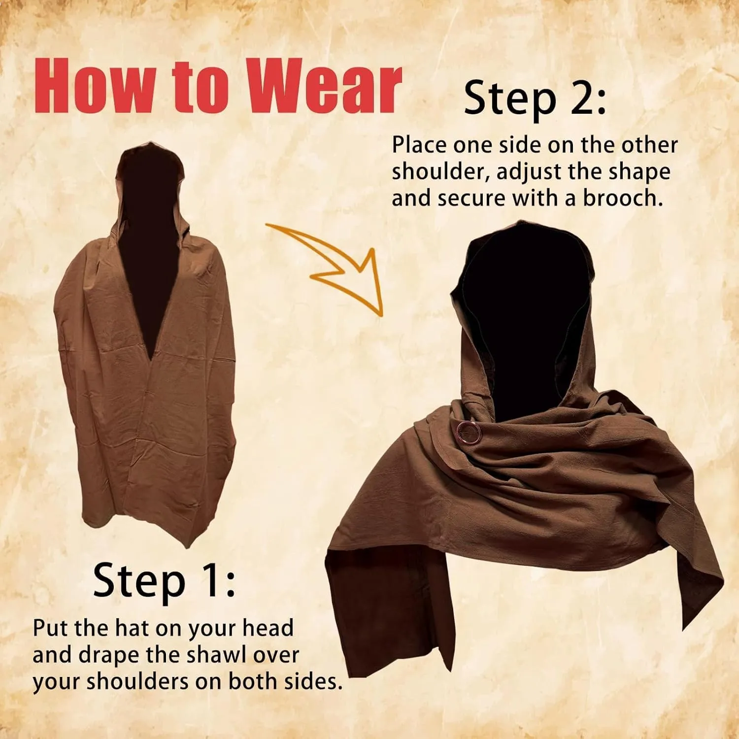 Post Apocalyptic Shawl with Hood, Medieval Hooded Scarf Cowl Men for Retro Viking Shaman Rogue Renaissance Costume