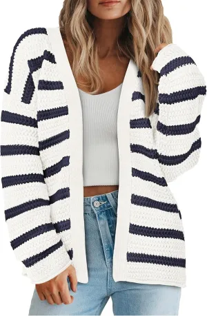 PRETTYGARDEN Women's 2024 Fall Striped Open Front Cardigan Sweaters Chunky Knit Long Sleeve Loose Trendy Winter Cardigans