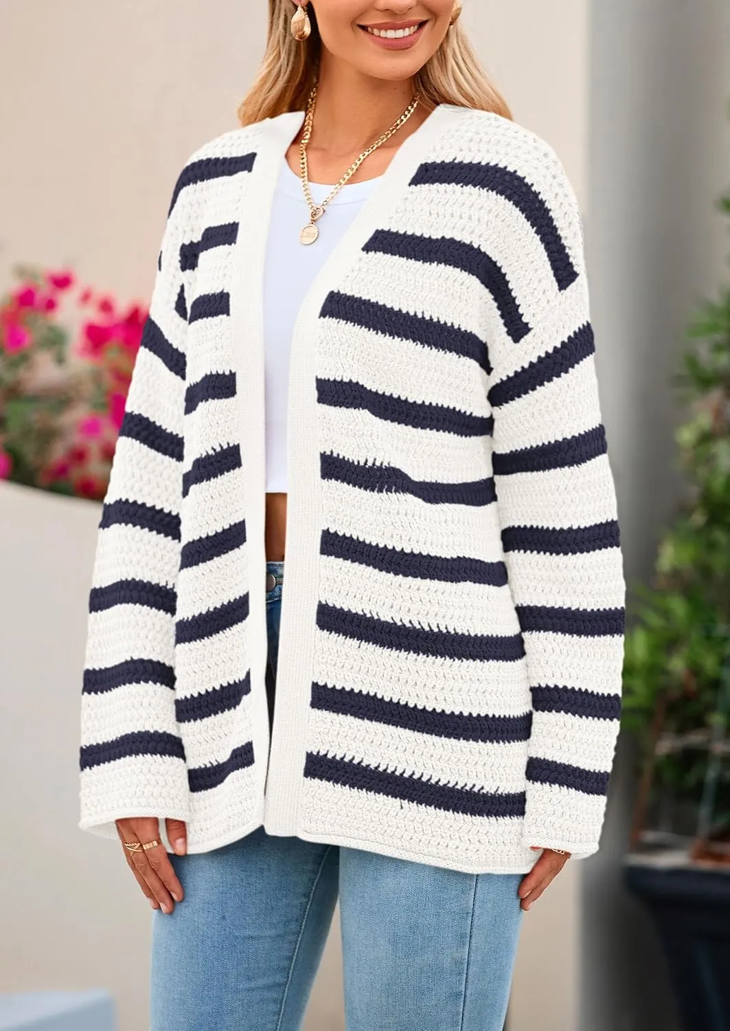 PRETTYGARDEN Women's 2024 Fall Striped Open Front Cardigan Sweaters Chunky Knit Long Sleeve Loose Trendy Winter Cardigans