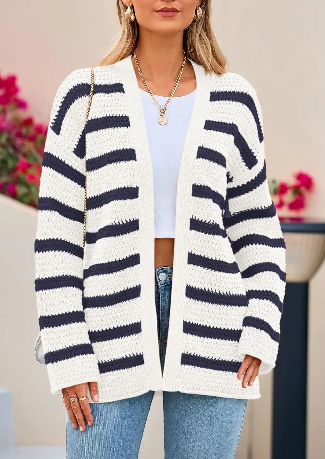 PRETTYGARDEN Women's 2024 Fall Striped Open Front Cardigan Sweaters Chunky Knit Long Sleeve Loose Trendy Winter Cardigans