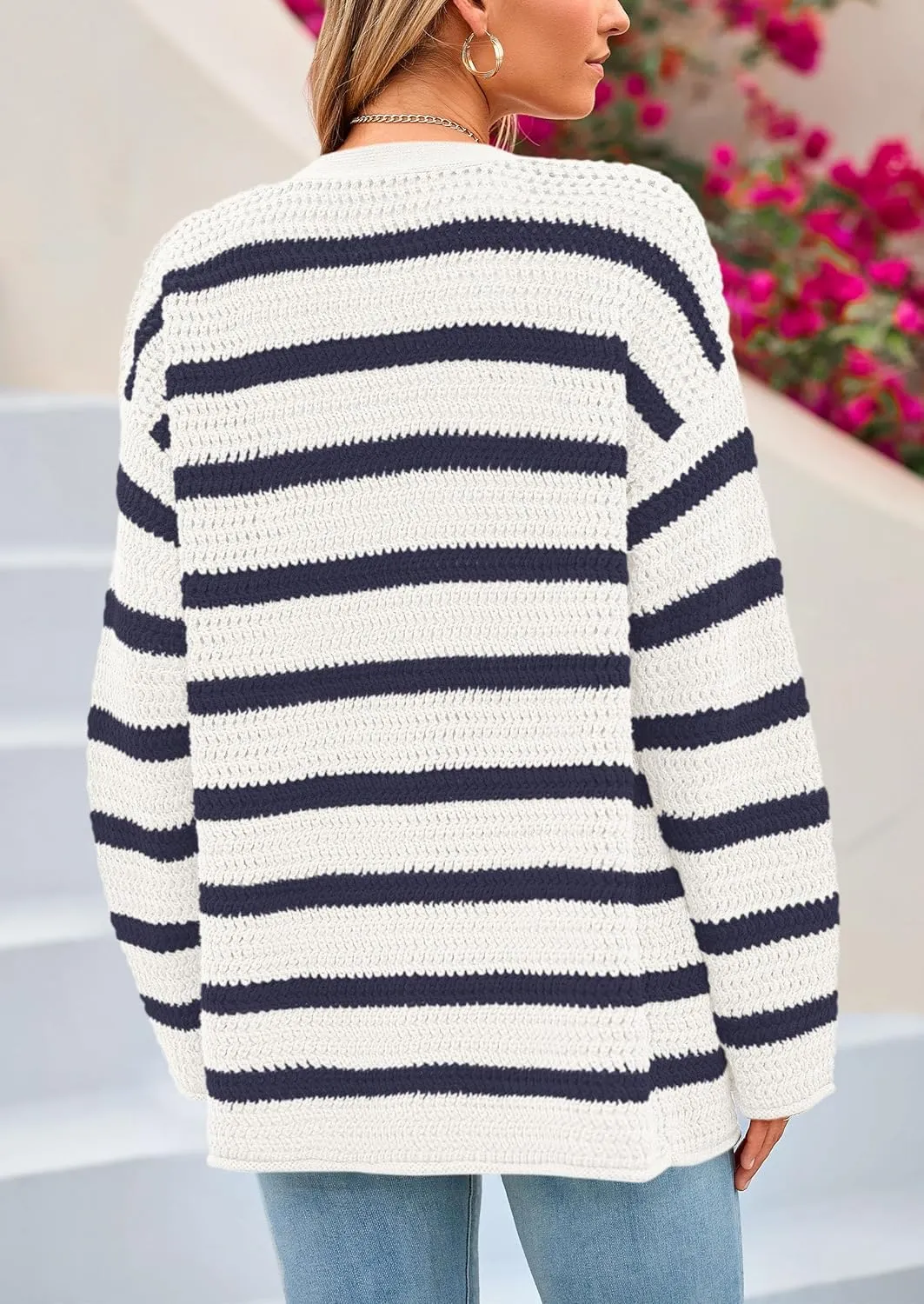 PRETTYGARDEN Women's 2024 Fall Striped Open Front Cardigan Sweaters Chunky Knit Long Sleeve Loose Trendy Winter Cardigans