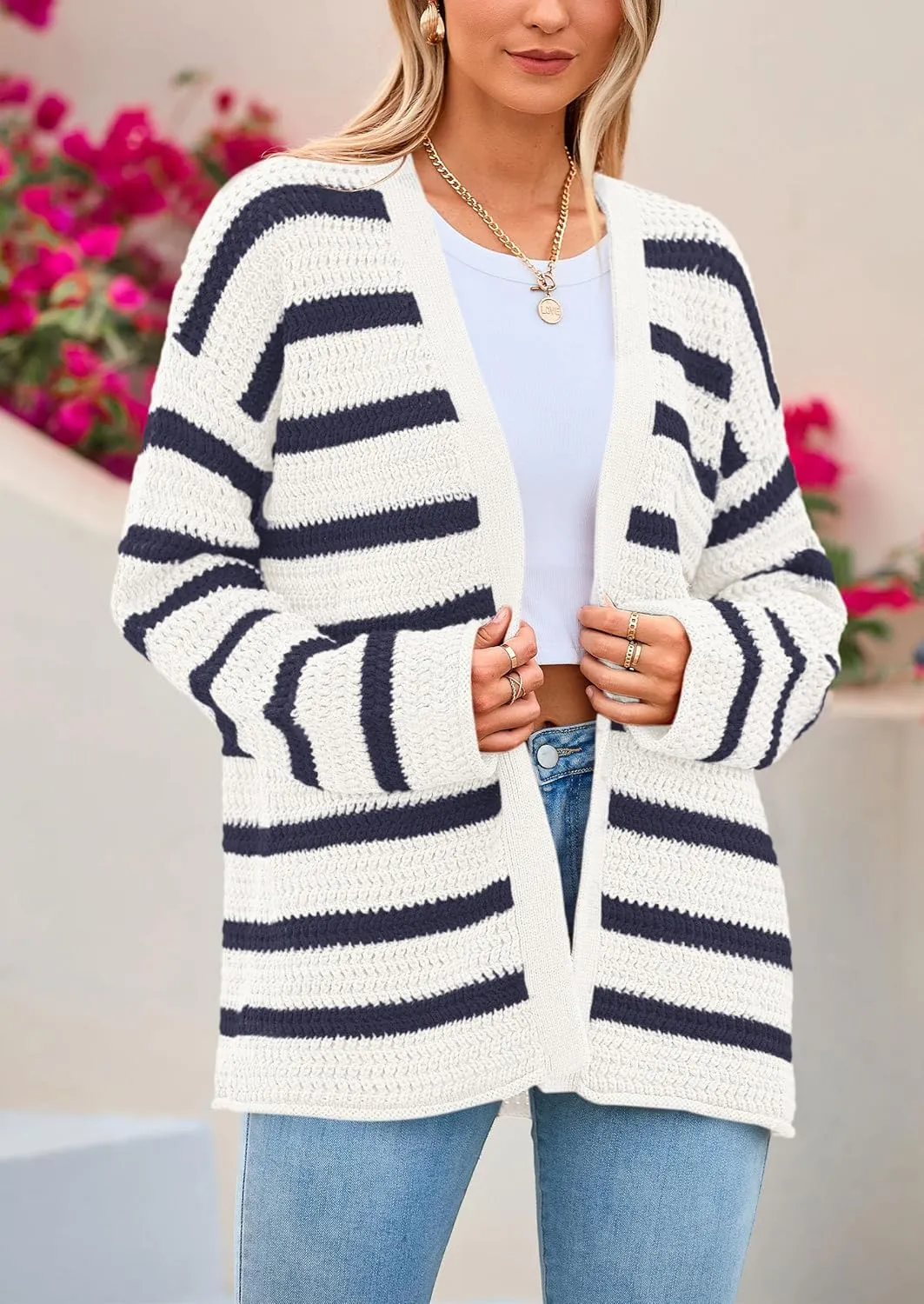 PRETTYGARDEN Women's 2024 Fall Striped Open Front Cardigan Sweaters Chunky Knit Long Sleeve Loose Trendy Winter Cardigans