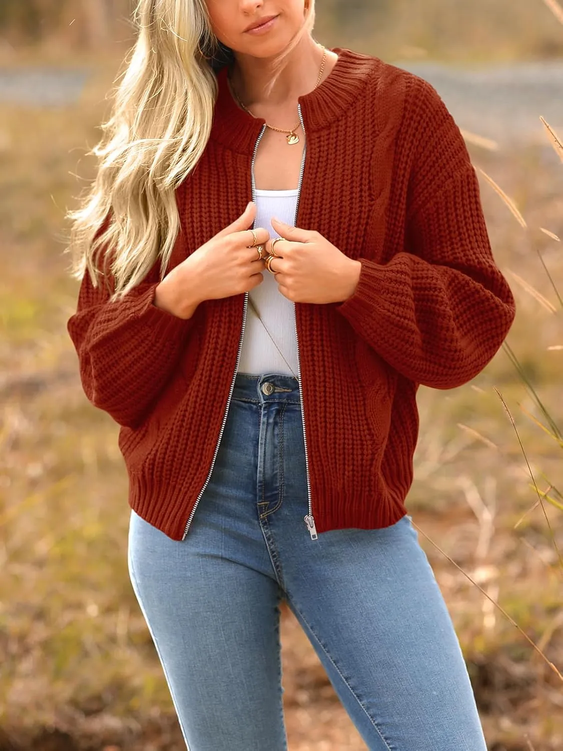 PRETTYGARDEN Women's Chunky Knit Open Front Sweater Long Sleeve Zipper Loose Short Cardigan Outerwear Coats