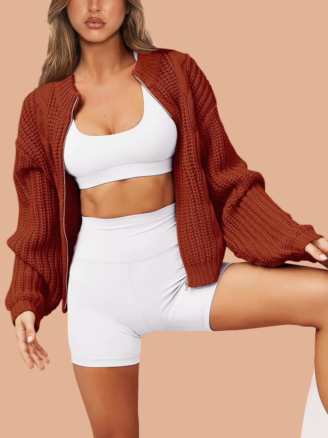 PRETTYGARDEN Women's Chunky Knit Open Front Sweater Long Sleeve Zipper Loose Short Cardigan Outerwear Coats