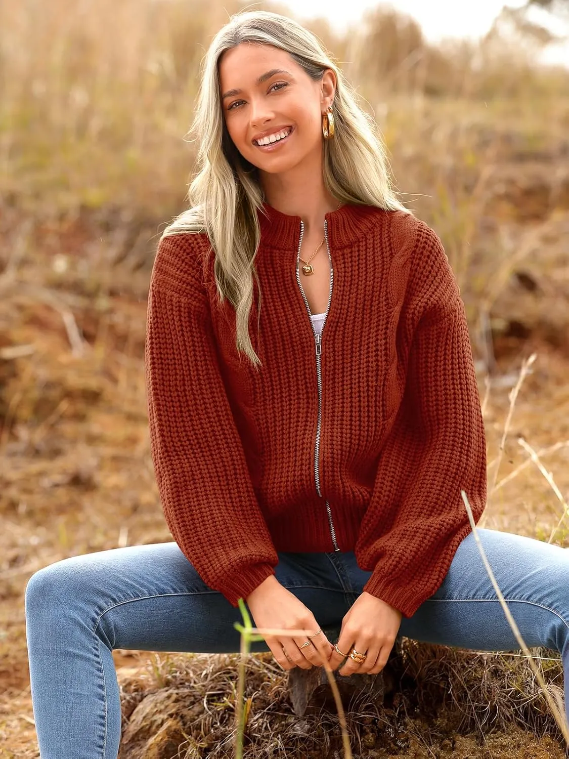 PRETTYGARDEN Women's Chunky Knit Open Front Sweater Long Sleeve Zipper Loose Short Cardigan Outerwear Coats
