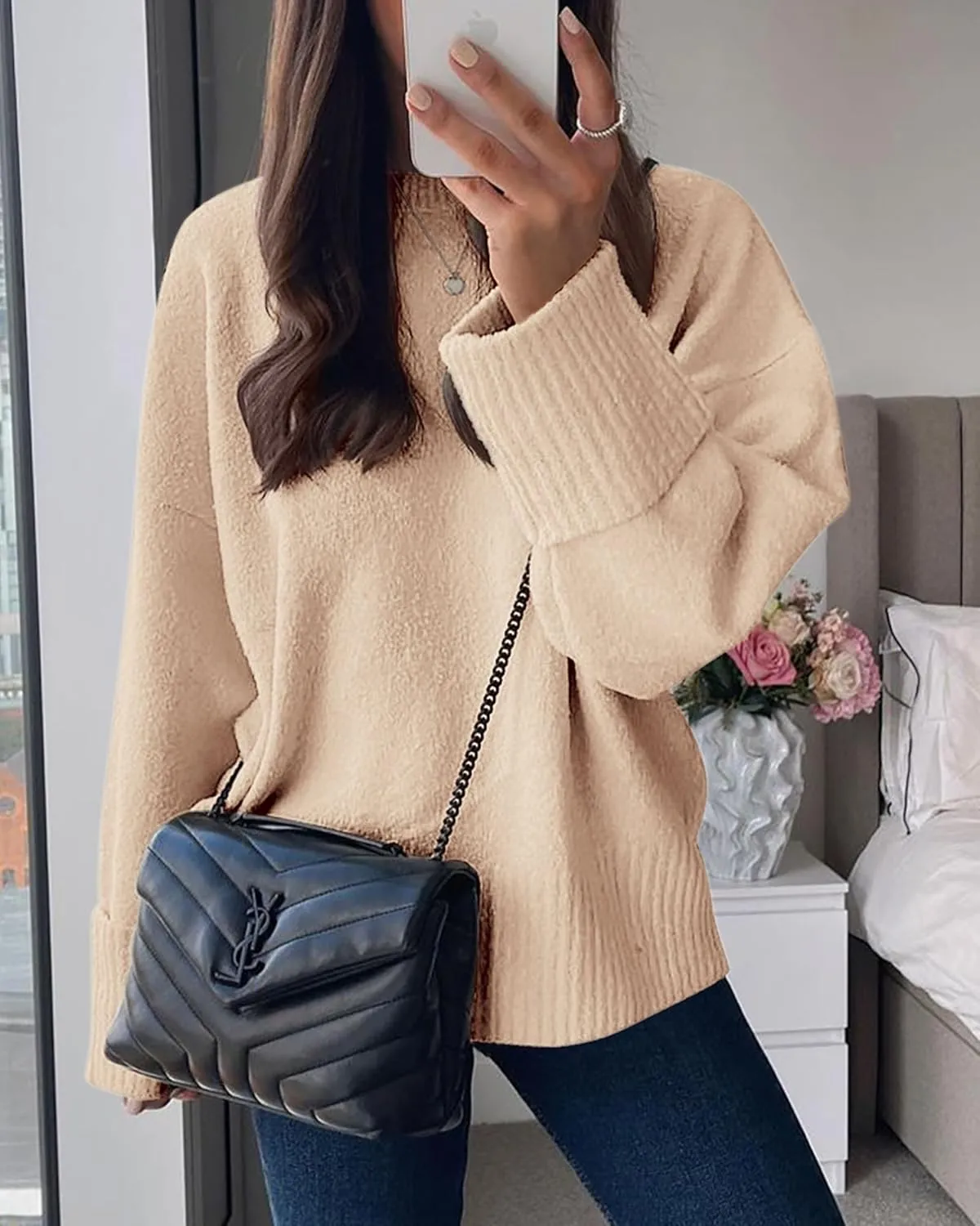 PRETTYGARDEN Women's Fall Oversized Sweaters Casual Crewneck Pullover Long Sleeve Fuzzy Chunky Knit Tops Blouse