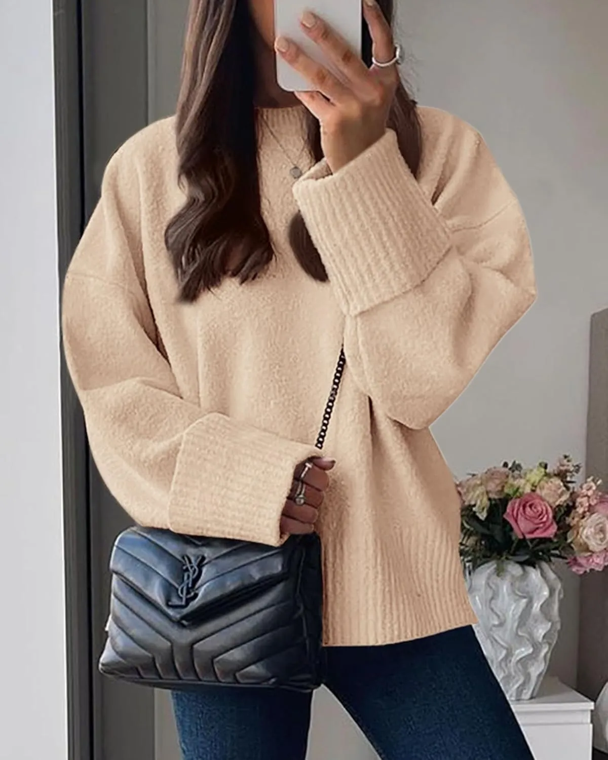 PRETTYGARDEN Women's Fall Oversized Sweaters Casual Crewneck Pullover Long Sleeve Fuzzy Chunky Knit Tops Blouse