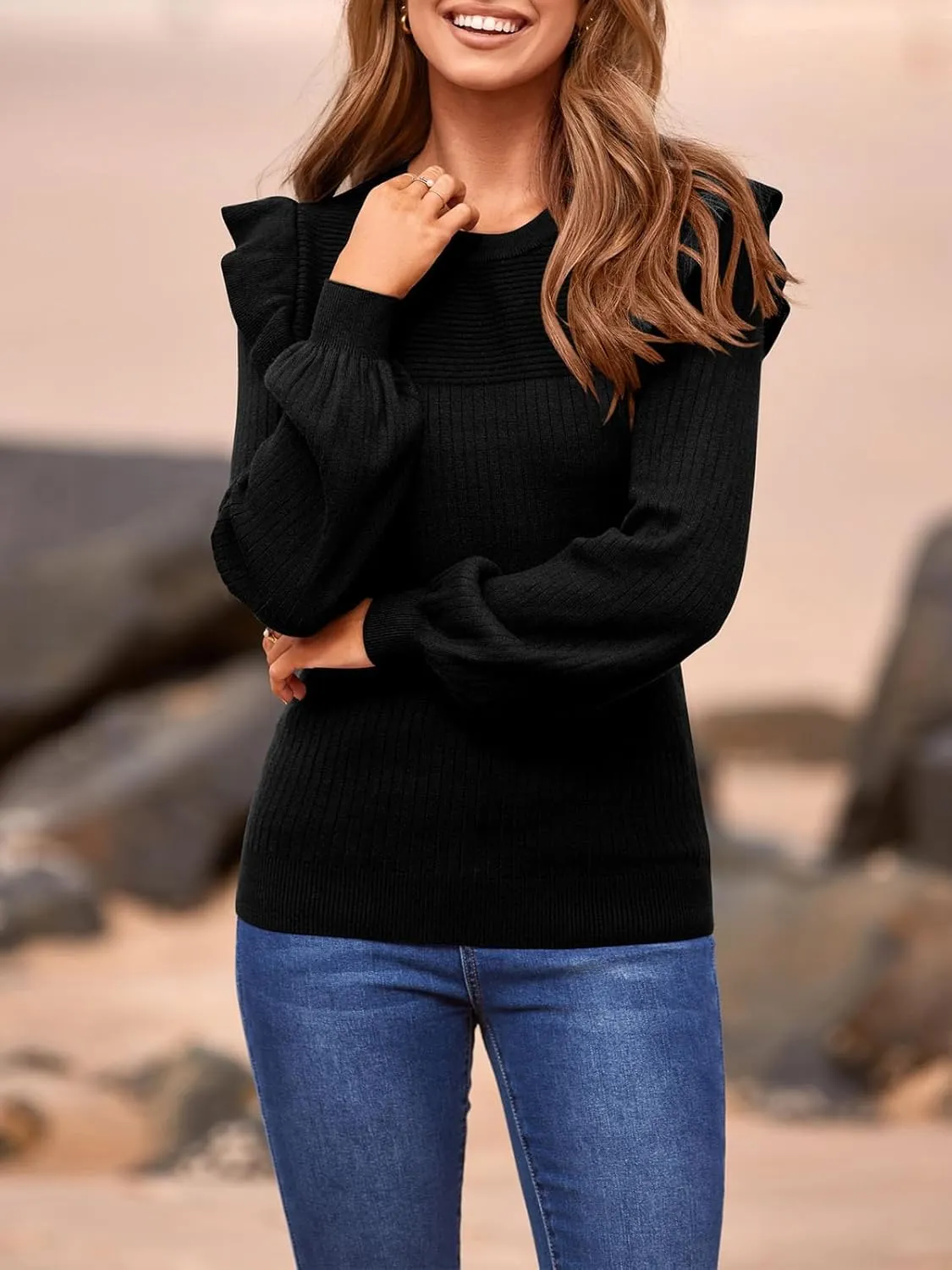 PRETTYGARDEN Women's Ruffle Shoulder Long Sleeve Sweaters Crew Neck Lightweight Sweater 2025 Fall Ribbed Knit Pullover Tops