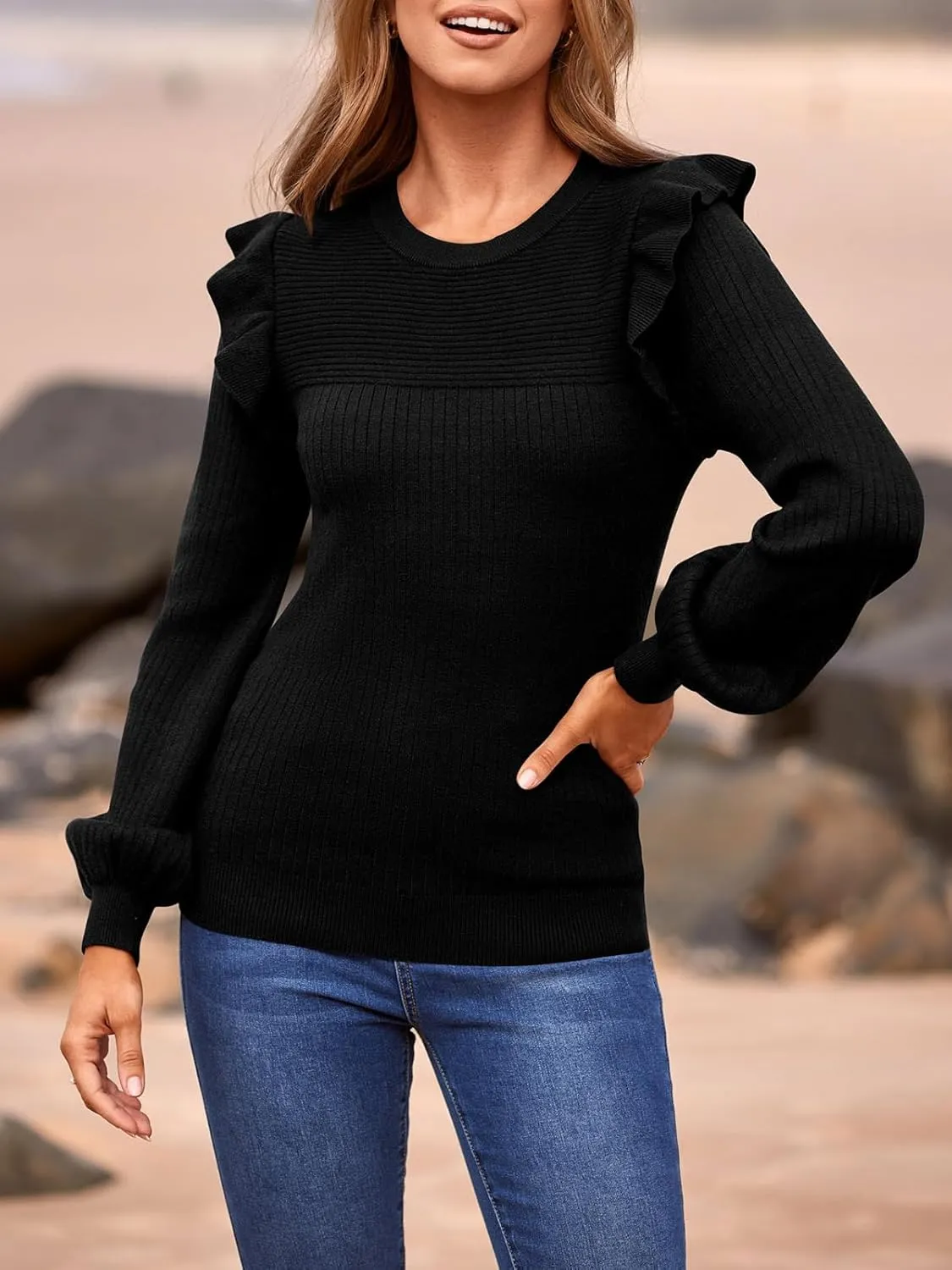 PRETTYGARDEN Women's Ruffle Shoulder Long Sleeve Sweaters Crew Neck Lightweight Sweater 2025 Fall Ribbed Knit Pullover Tops