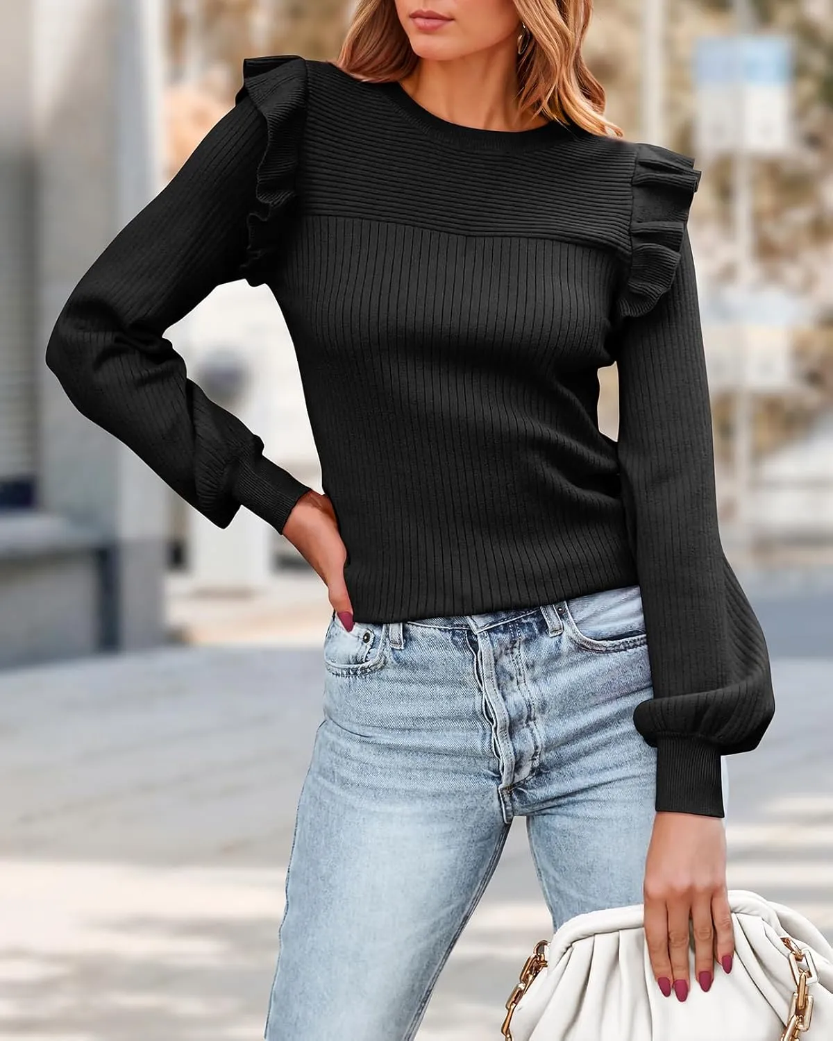 PRETTYGARDEN Women's Ruffle Shoulder Long Sleeve Sweaters Crew Neck Lightweight Sweater 2025 Fall Ribbed Knit Pullover Tops