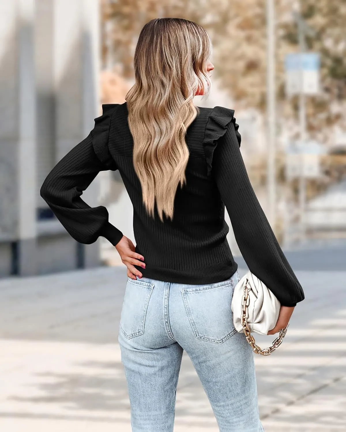 PRETTYGARDEN Women's Ruffle Shoulder Long Sleeve Sweaters Crew Neck Lightweight Sweater 2025 Fall Ribbed Knit Pullover Tops