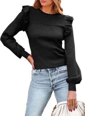 PRETTYGARDEN Women's Ruffle Shoulder Long Sleeve Sweaters Crew Neck Lightweight Sweater 2025 Fall Ribbed Knit Pullover Tops