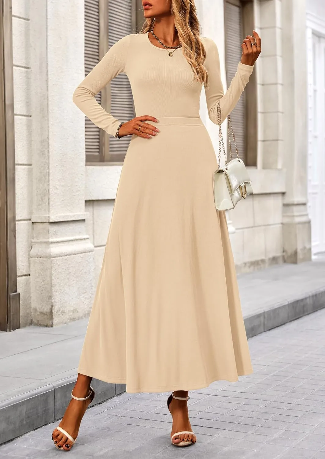 PRETTYGARDEN Women's Spring 2 Piece Outfits Dressy Casual Ribbed Knit Long Sleeve Crop Tops Maxi Flowy Skirts Matching Sets