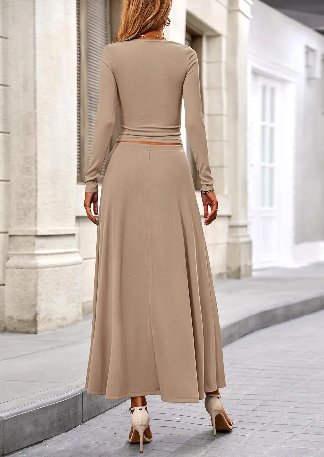 PRETTYGARDEN Women's Spring 2 Piece Outfits Dressy Casual Ribbed Knit Long Sleeve Crop Tops Maxi Flowy Skirts Matching Sets