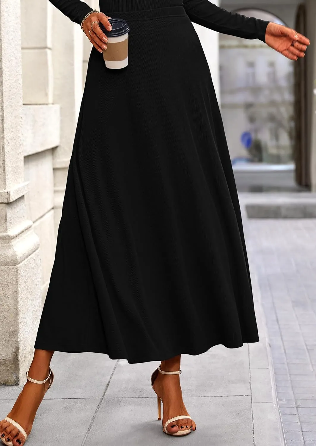 PRETTYGARDEN Women's Spring 2 Piece Outfits Dressy Casual Ribbed Knit Long Sleeve Crop Tops Maxi Flowy Skirts Matching Sets