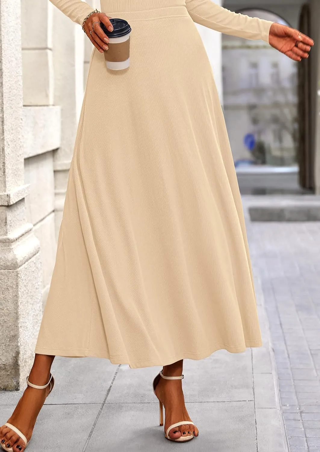 PRETTYGARDEN Women's Spring 2 Piece Outfits Dressy Casual Ribbed Knit Long Sleeve Crop Tops Maxi Flowy Skirts Matching Sets
