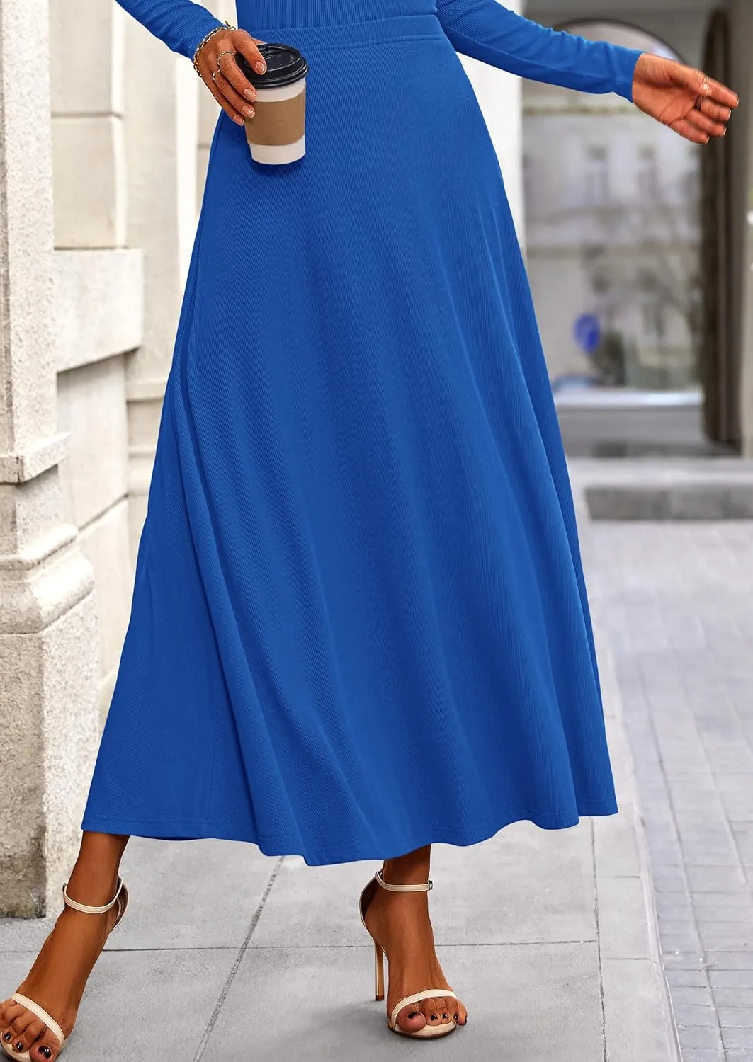 PRETTYGARDEN Women's Spring 2 Piece Outfits Dressy Casual Ribbed Knit Long Sleeve Crop Tops Maxi Flowy Skirts Matching Sets