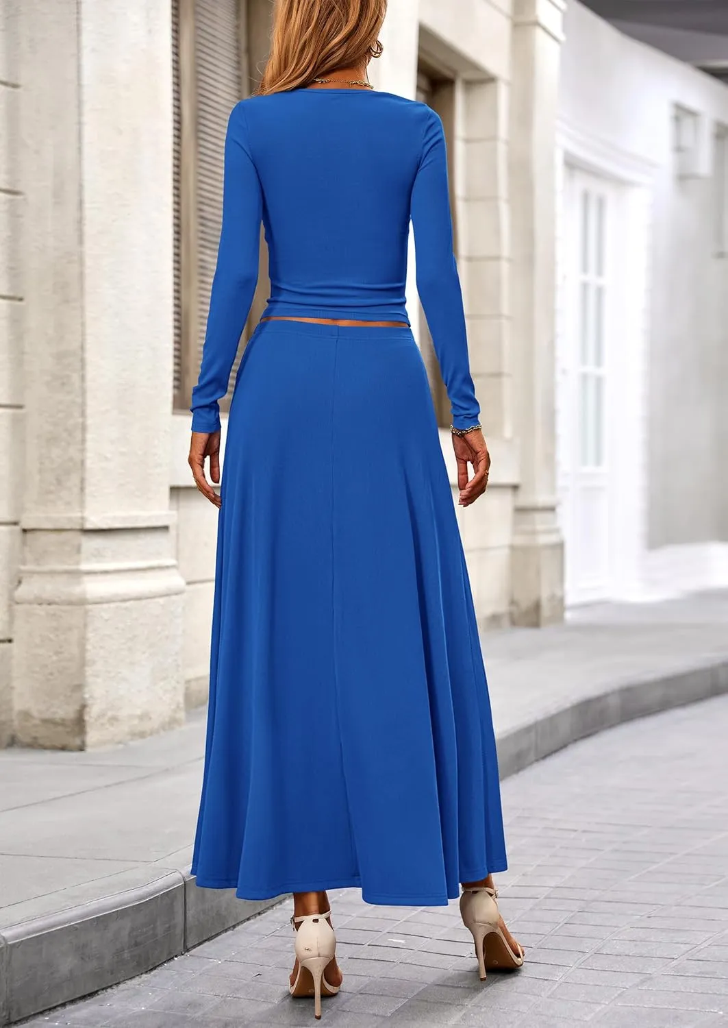PRETTYGARDEN Women's Spring 2 Piece Outfits Dressy Casual Ribbed Knit Long Sleeve Crop Tops Maxi Flowy Skirts Matching Sets