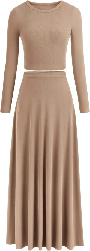 PRETTYGARDEN Women's Spring 2 Piece Outfits Dressy Casual Ribbed Knit Long Sleeve Crop Tops Maxi Flowy Skirts Matching Sets