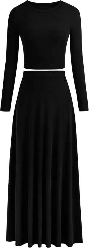 PRETTYGARDEN Women's Spring 2 Piece Outfits Dressy Casual Ribbed Knit Long Sleeve Crop Tops Maxi Flowy Skirts Matching Sets