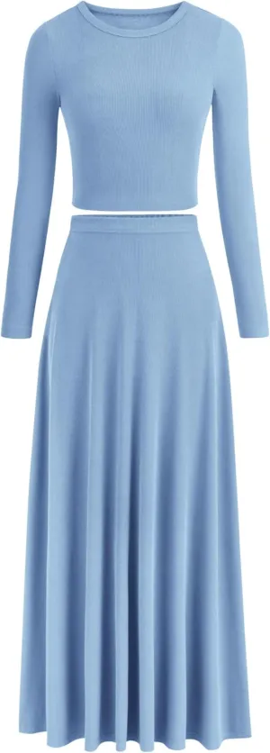 PRETTYGARDEN Women's Spring 2 Piece Outfits Dressy Casual Ribbed Knit Long Sleeve Crop Tops Maxi Flowy Skirts Matching Sets