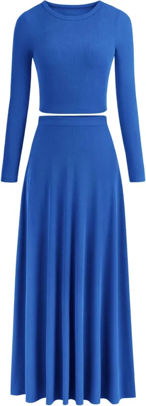 PRETTYGARDEN Women's Spring 2 Piece Outfits Dressy Casual Ribbed Knit Long Sleeve Crop Tops Maxi Flowy Skirts Matching Sets