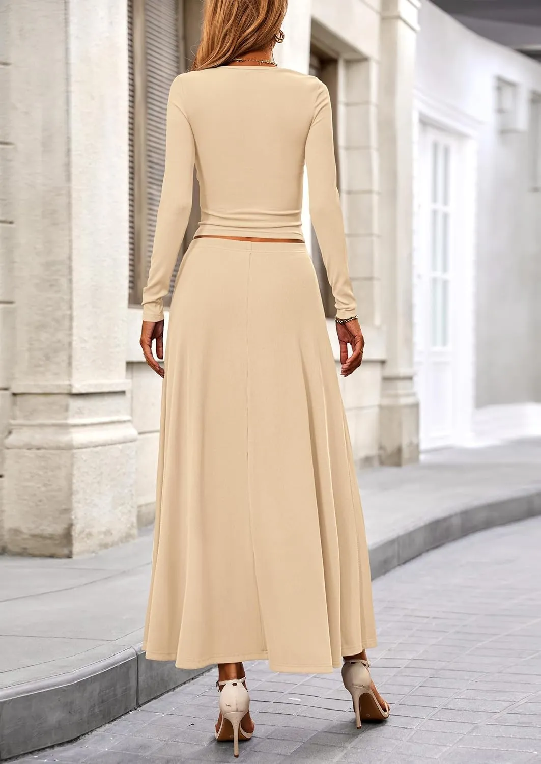 PRETTYGARDEN Women's Spring 2 Piece Outfits Dressy Casual Ribbed Knit Long Sleeve Crop Tops Maxi Flowy Skirts Matching Sets