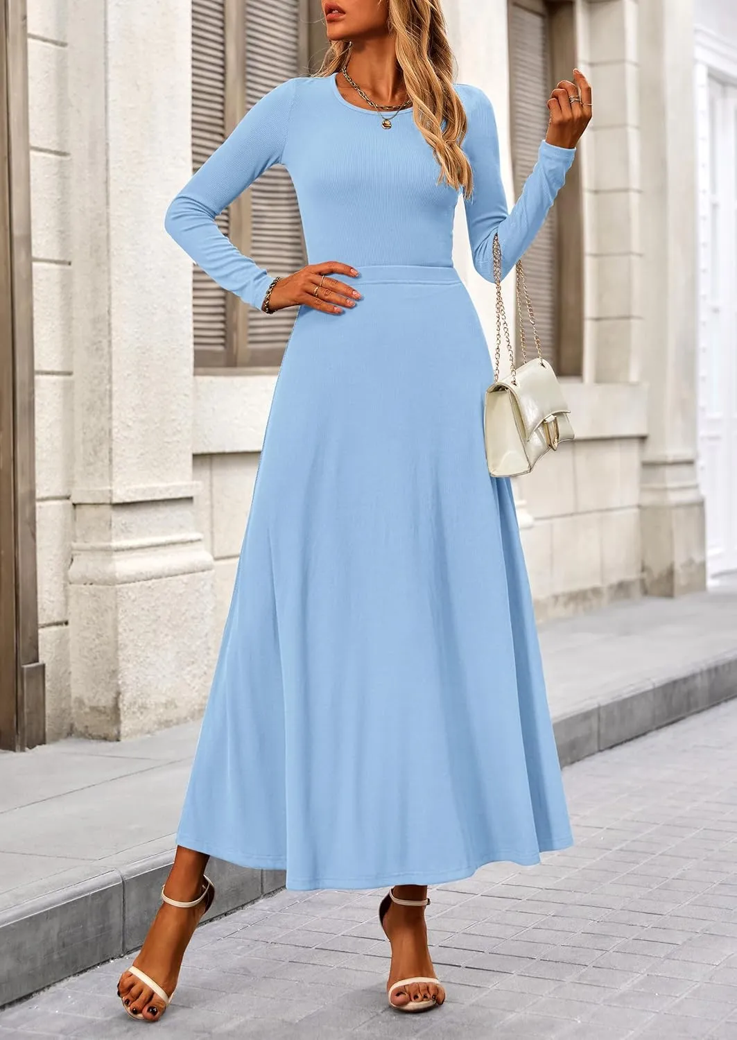 PRETTYGARDEN Women's Spring 2 Piece Outfits Dressy Casual Ribbed Knit Long Sleeve Crop Tops Maxi Flowy Skirts Matching Sets
