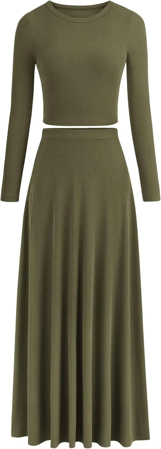 PRETTYGARDEN Women's Spring 2 Piece Outfits Dressy Casual Ribbed Knit Long Sleeve Crop Tops Maxi Flowy Skirts Matching Sets