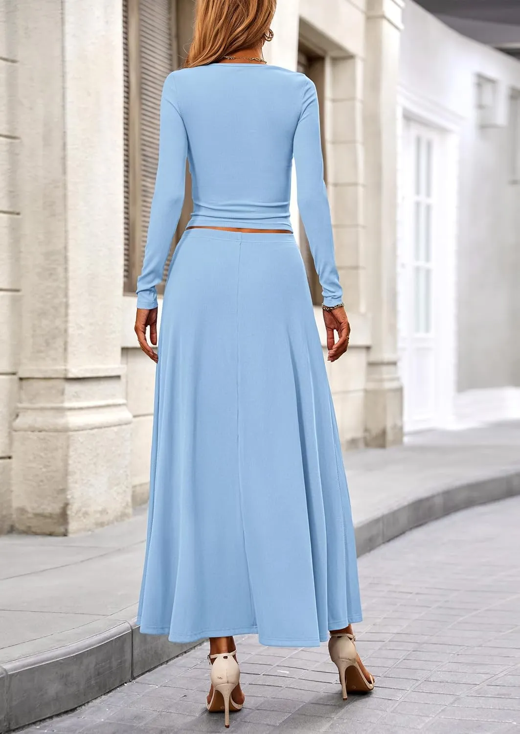 PRETTYGARDEN Women's Spring 2 Piece Outfits Dressy Casual Ribbed Knit Long Sleeve Crop Tops Maxi Flowy Skirts Matching Sets
