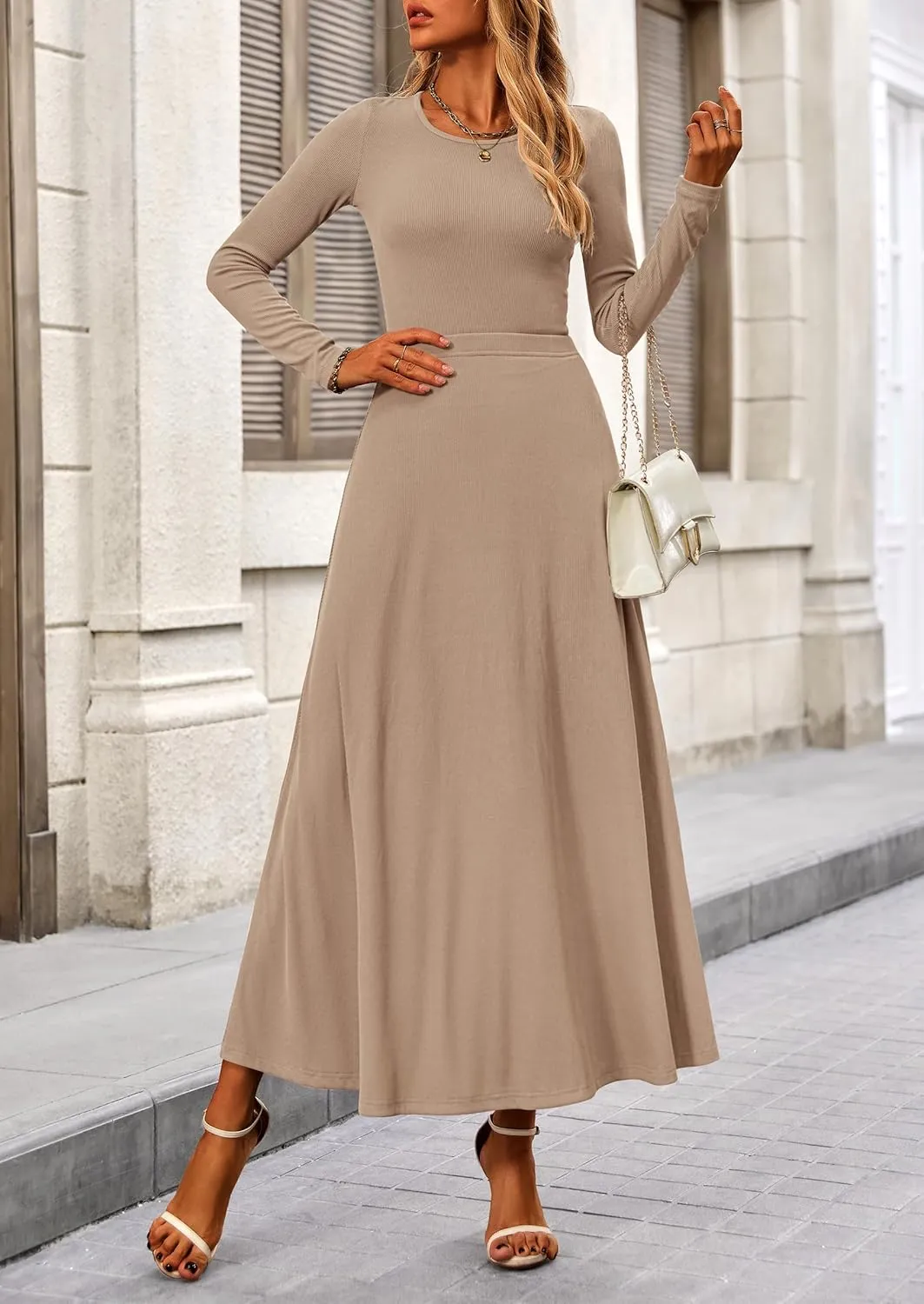 PRETTYGARDEN Women's Spring 2 Piece Outfits Dressy Casual Ribbed Knit Long Sleeve Crop Tops Maxi Flowy Skirts Matching Sets