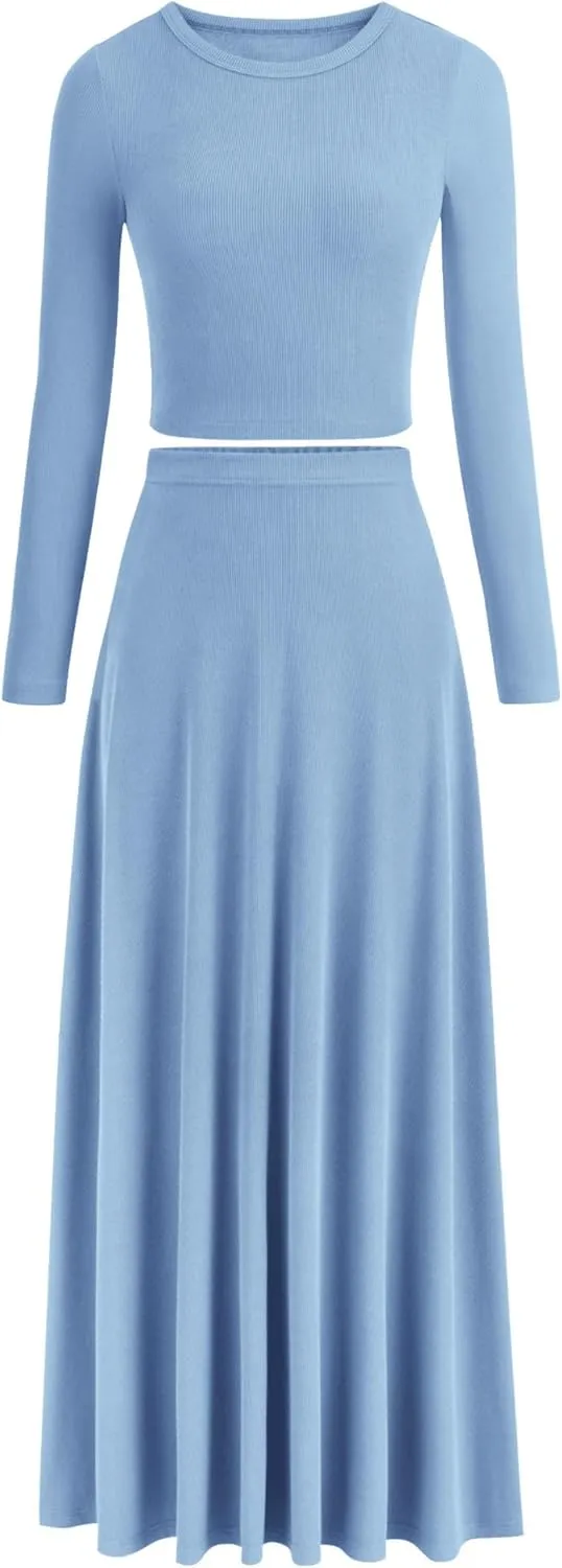 PRETTYGARDEN Women's Spring 2 Piece Outfits Dressy Casual Ribbed Knit Long Sleeve Crop Tops Maxi Flowy Skirts Matching Sets