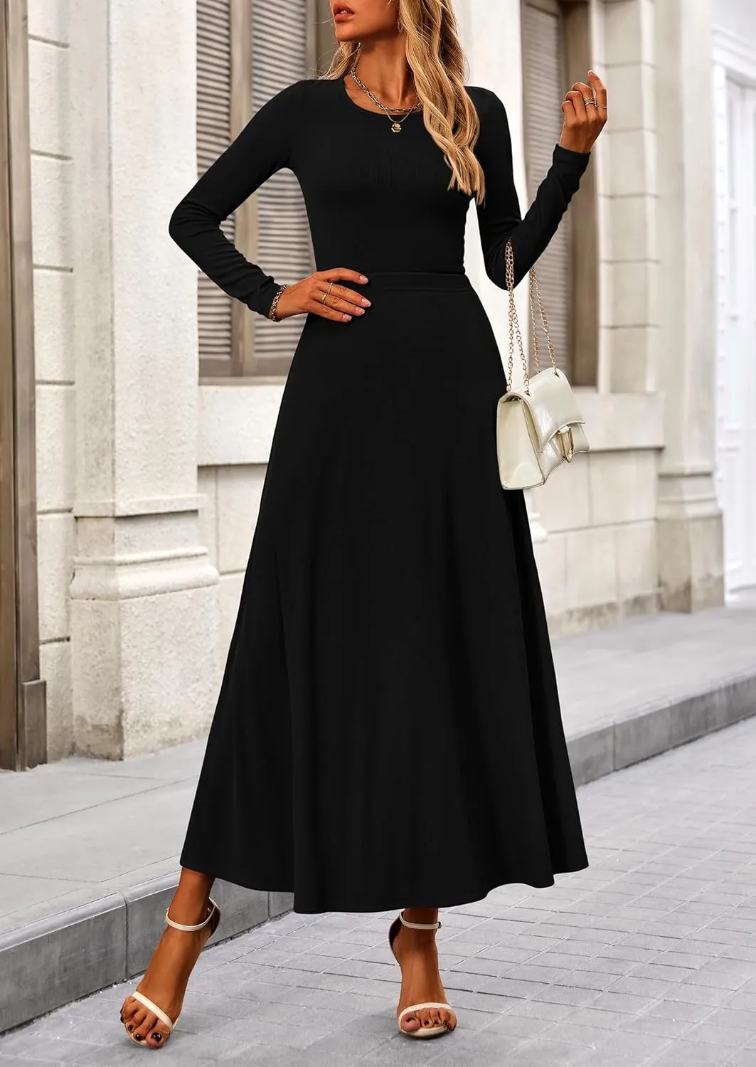 PRETTYGARDEN Women's Spring 2 Piece Outfits Dressy Casual Ribbed Knit Long Sleeve Crop Tops Maxi Flowy Skirts Matching Sets