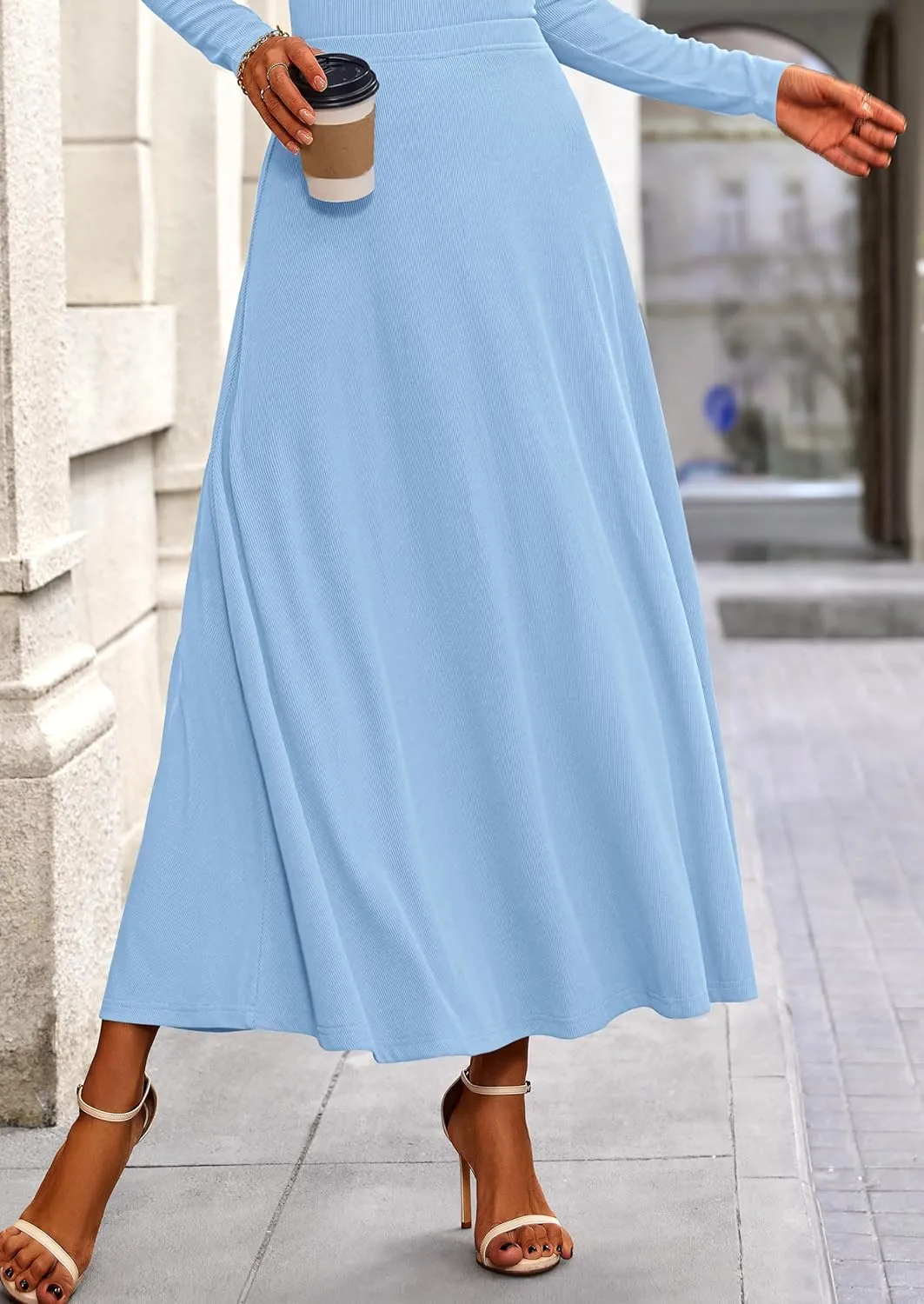 PRETTYGARDEN Women's Spring 2 Piece Outfits Dressy Casual Ribbed Knit Long Sleeve Crop Tops Maxi Flowy Skirts Matching Sets